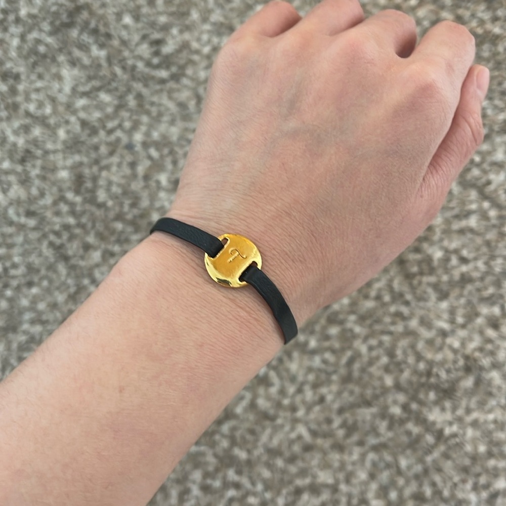 Gorjana black leather strap gold initial T bracelet preowned